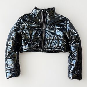 I Heart Raves Women’s Black Patent Faux Leather Puffer Coat Size S Crop